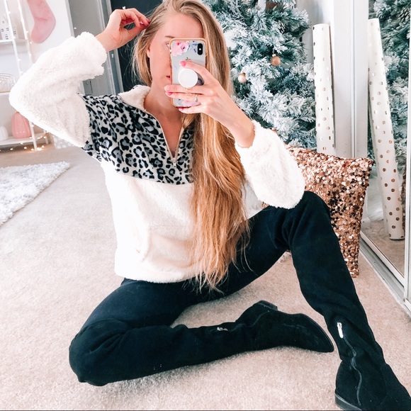 White Gray Sherpa Leopard Pullover - Picture 4 of 8